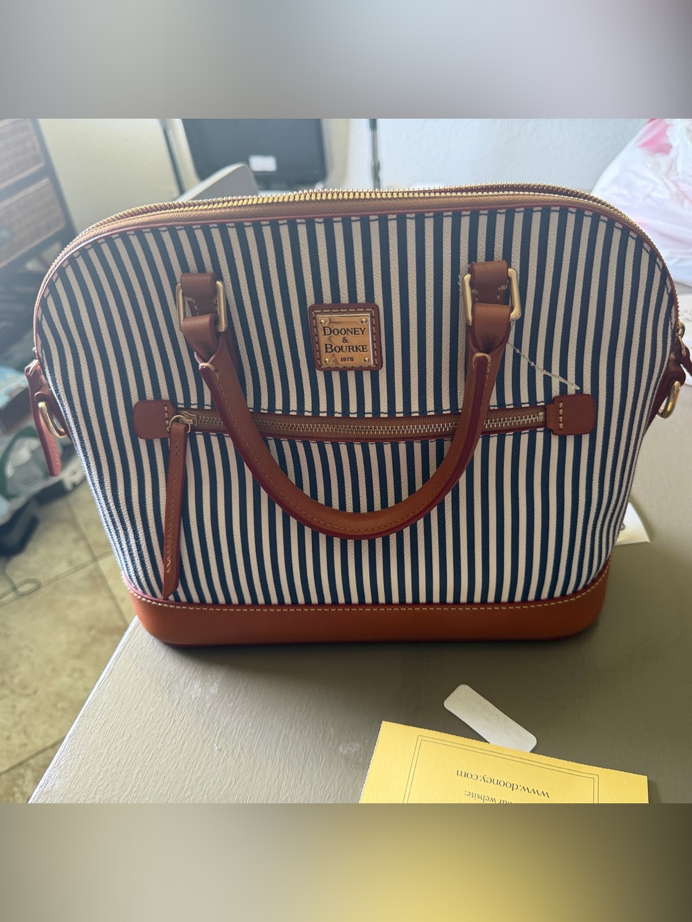 Dooney & Bourke Navy and White Striped Dome Satchel with Brown Trim